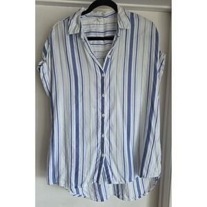 Beachlunchlounge Blouse S Short Sleeve Striped Blue White Yellow Rayon Blend